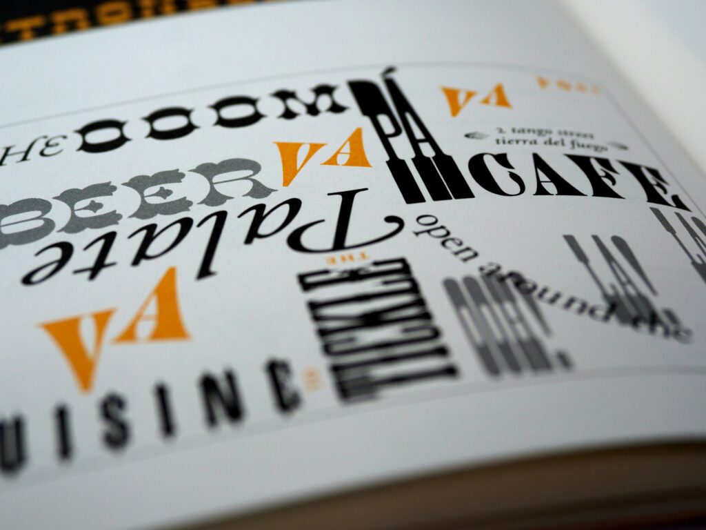 Book page displaying examples of decorative serif fonts.
